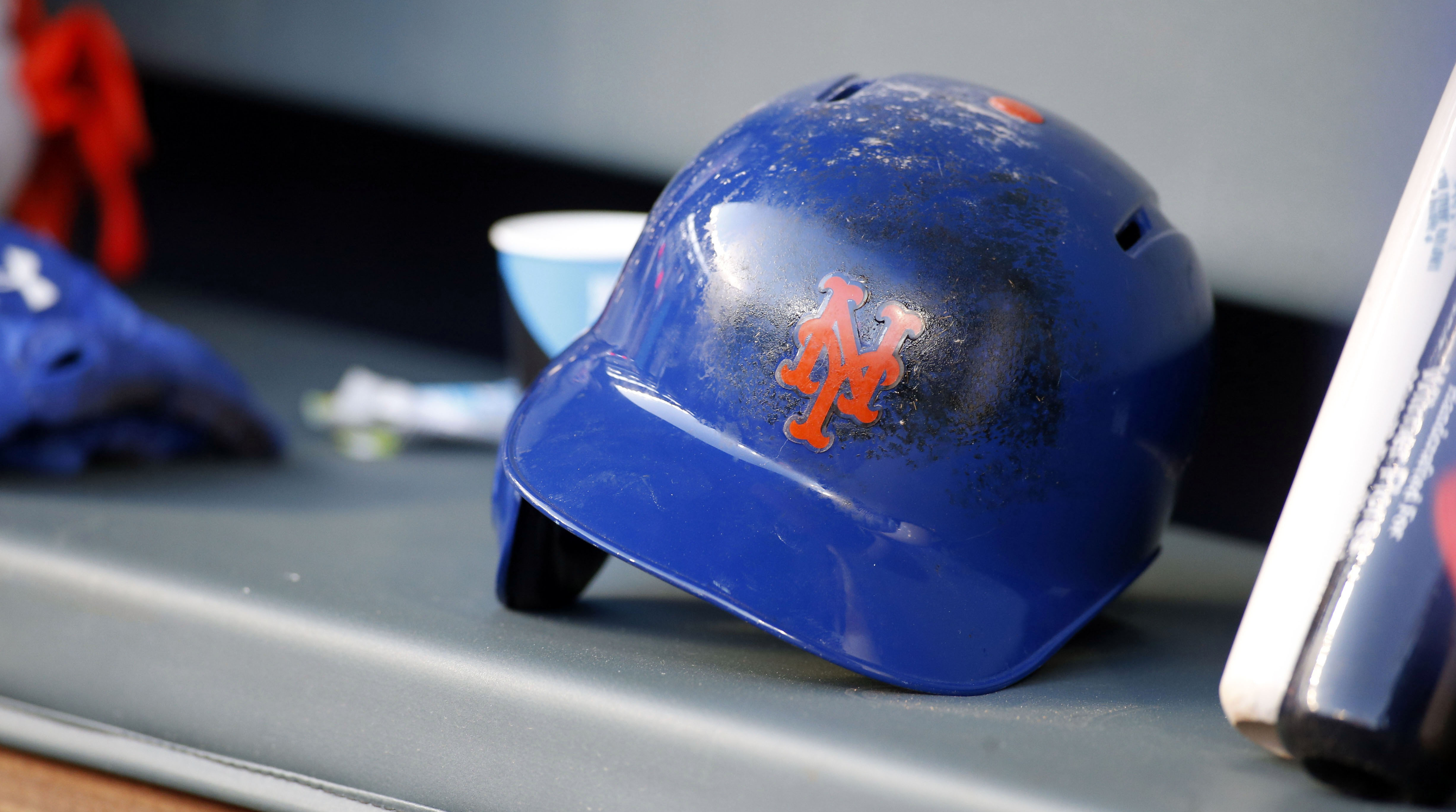 May 2, 2017; Atlanta, GA, USA; General view of New York Mets helmet in the dugout before a game against the Atlanta Braves at SunTrust Park.